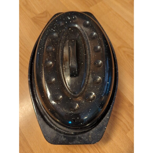 Enamelware Roasting Pan Black White Speckled  Lid Turkey Roaster Vintage 13" - Picture 2 of 10